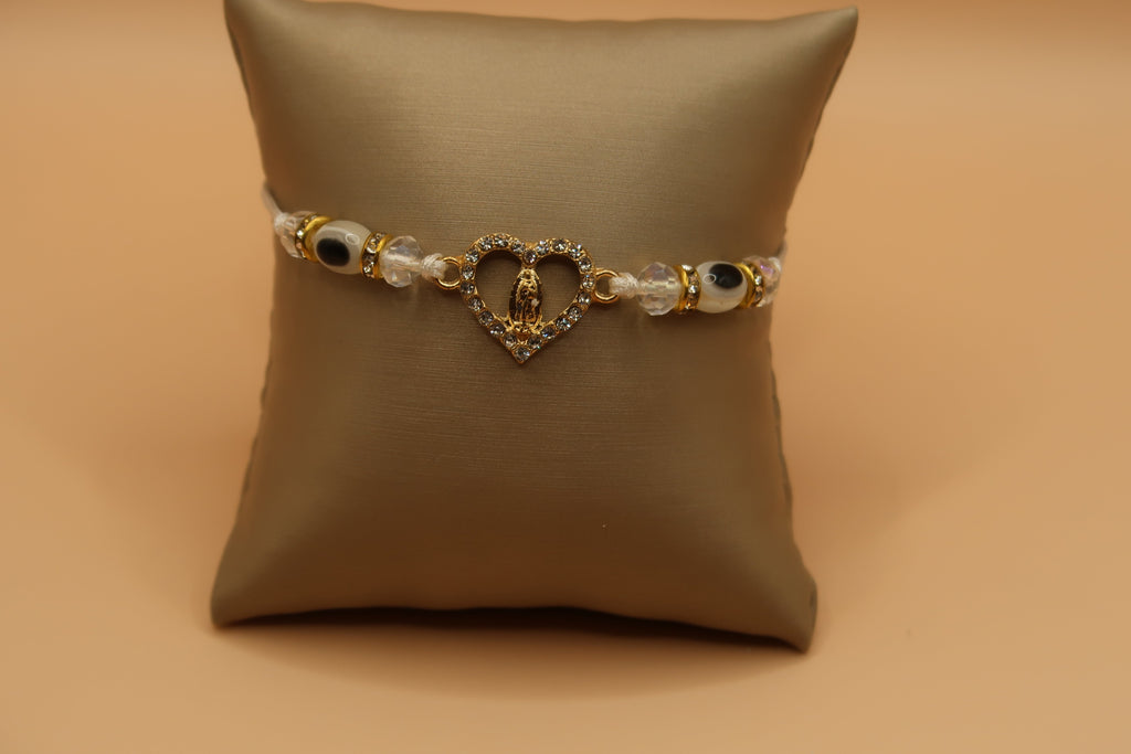 Heart Virgin De Guadalupe White  with Evil Eye Bracelet